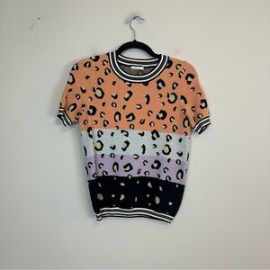 Baevely | Multicolor Color Block Leopard Print Short Sleeve Sweater